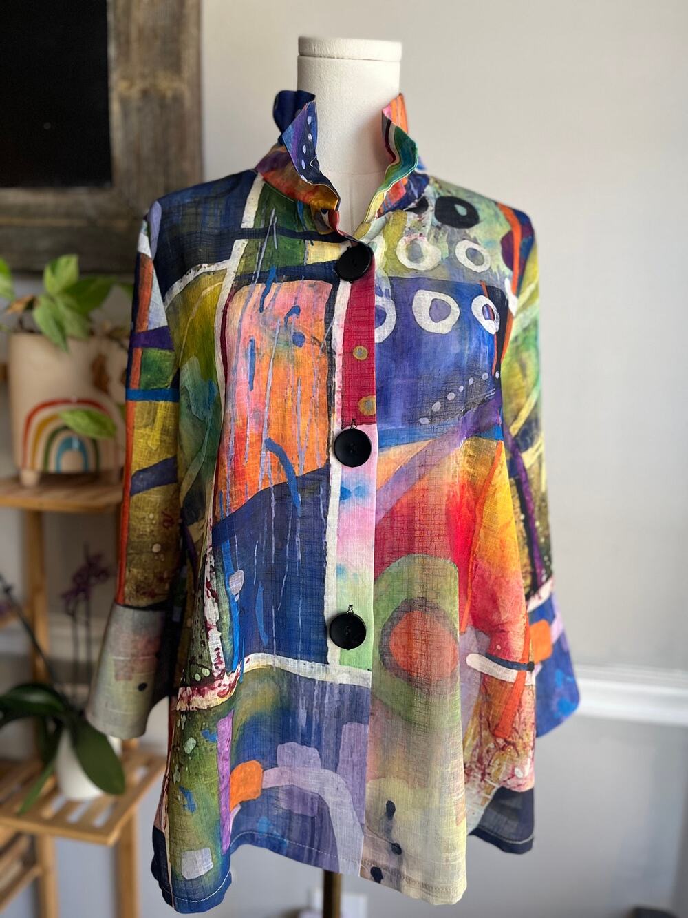Vintage Y2K Wearable Art Blouse Button Front Bell Sleeve Colorful Size Medium